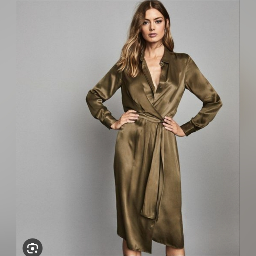 Reiss Olive Satin Wrap Midi Dress